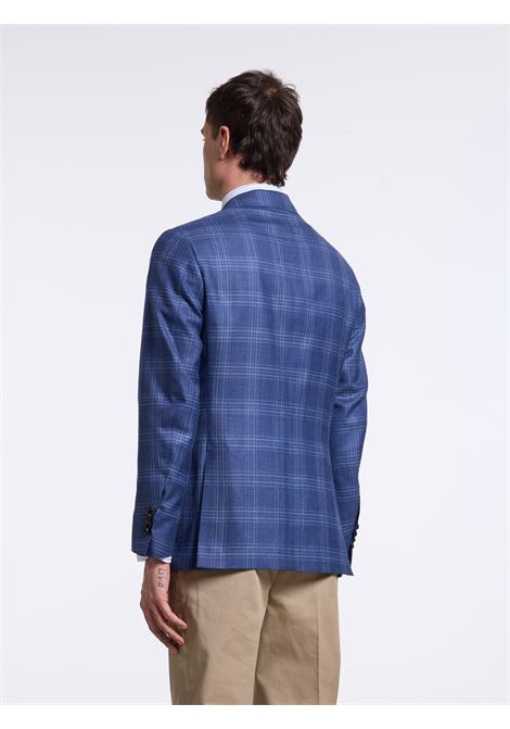 SINGLE-BREASTED CHECKED WOOL BLEND TAILORED JACKET - BLUE - LUIGI